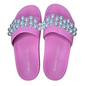 Stuart Weitzman Goldie Faux Pearl Studded Pool Slides pink size 7.